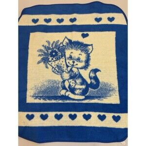 San Marcos Baby Blanket Blue White Kitten Kitty Cat Flowers Hearts Vtg Acrylic
